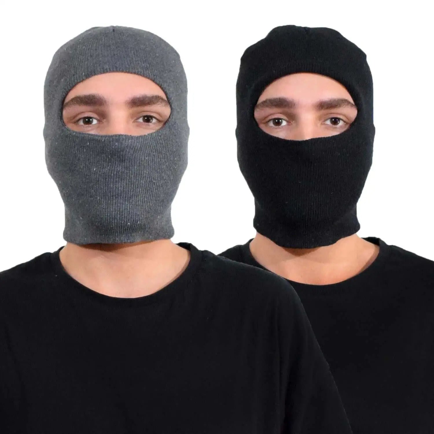 Two men wearing multifunctional cotton blend balaclava face masks.