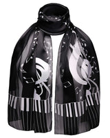 Black and white satin stripe scarf with piano clef note pattern
