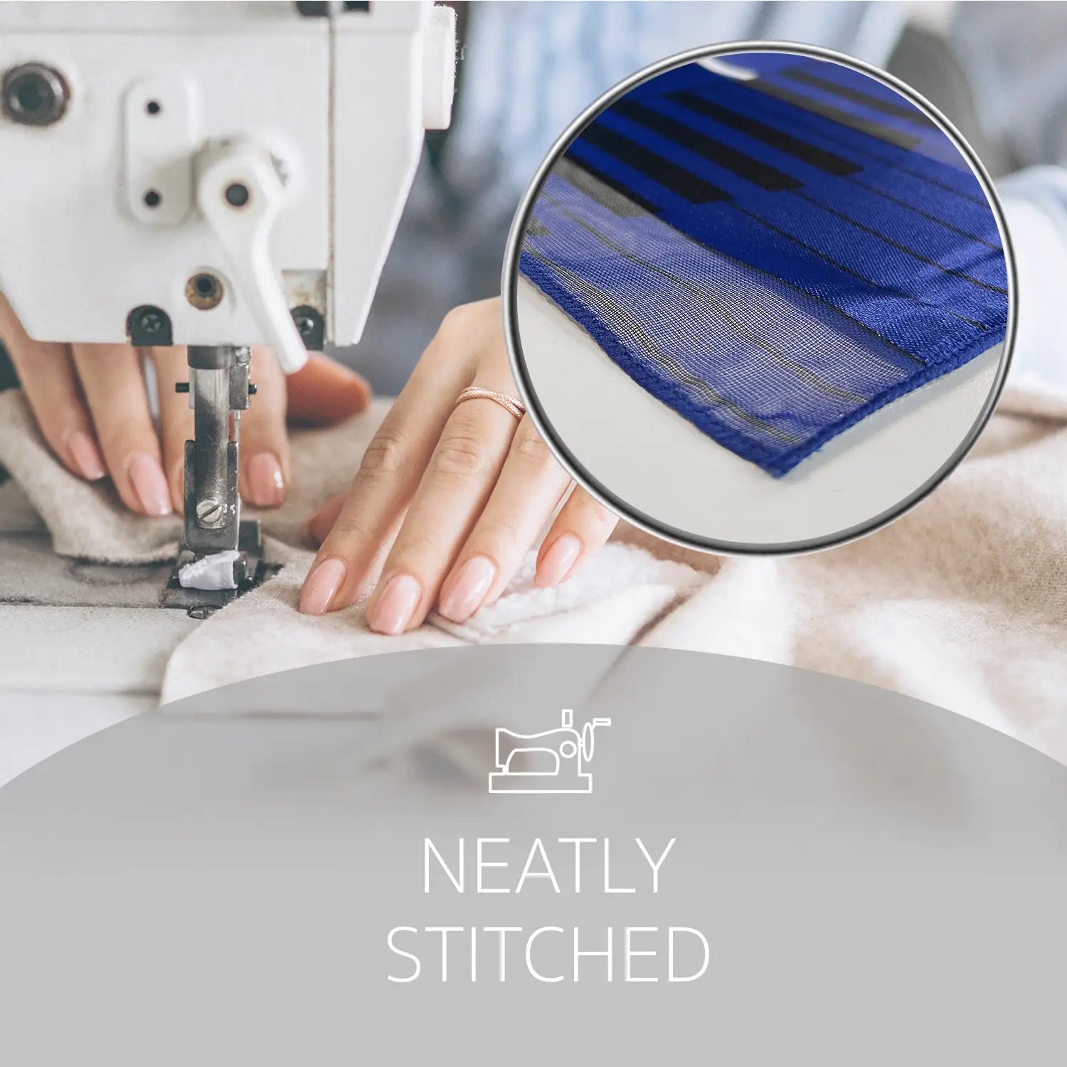Woman sewing machine blue white shirt Piano Clef Print Scarf