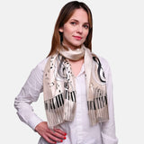 Woman wearing Music Satin Stripe Scarf with piano clef note design