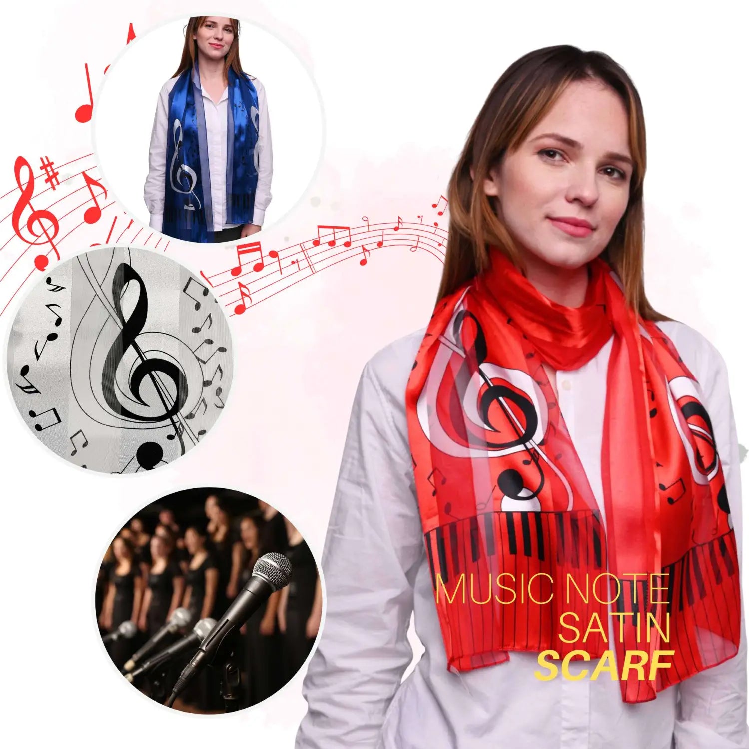 Woman wearing red satin stripe scarf with piano clef print