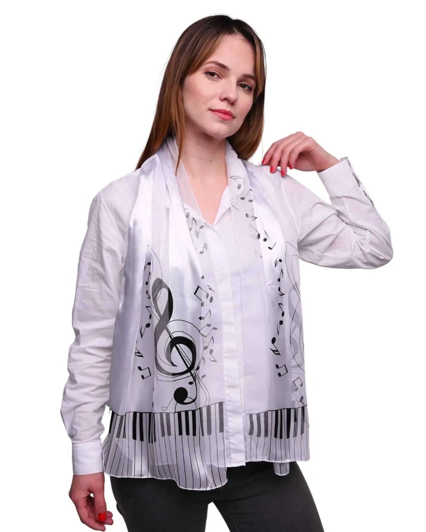 White shirt with musical notes worn by woman, from Music Satin Scarf for Unisex Piano Clef Print.