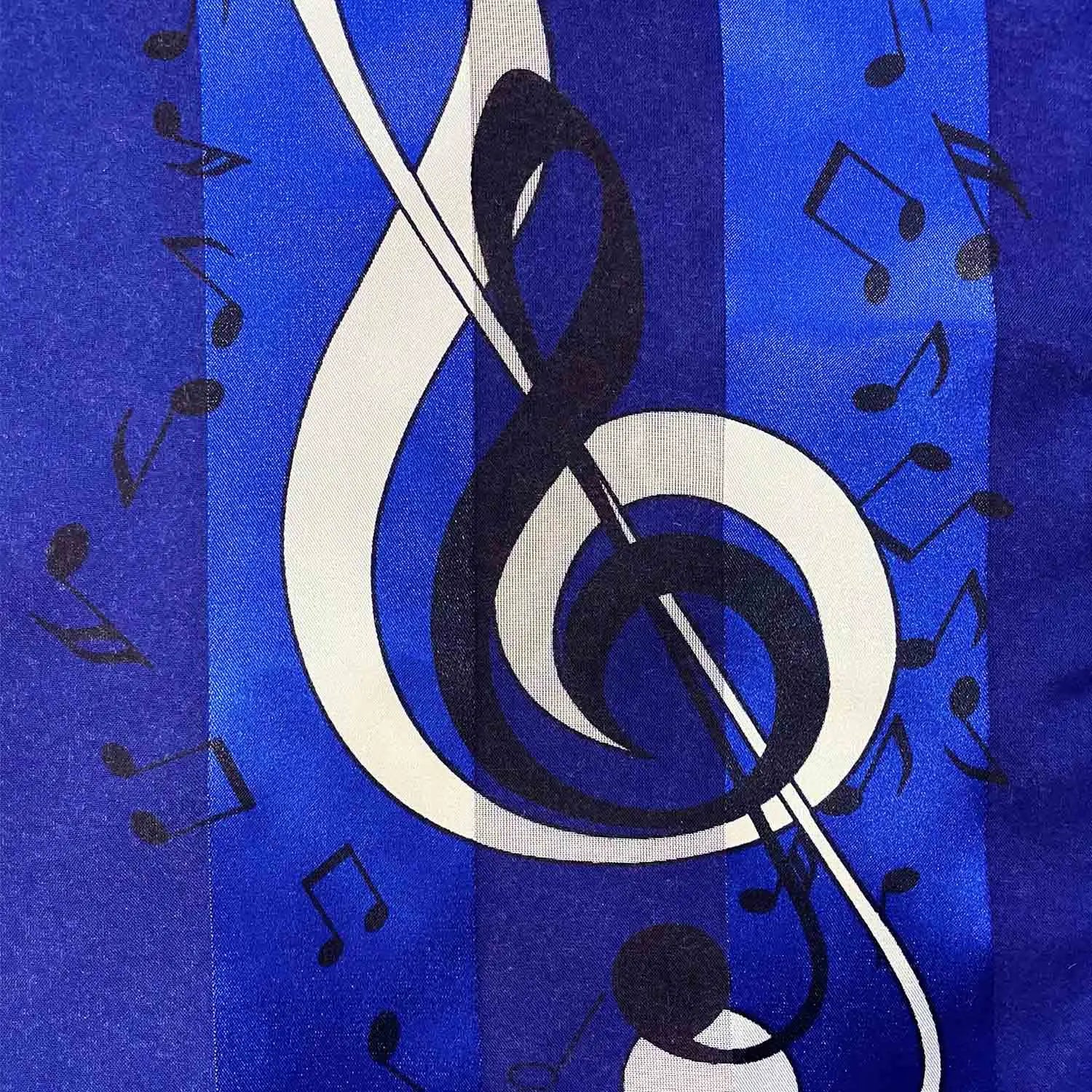 Blue and white satin stripe scarf with piano clef note treble pattern