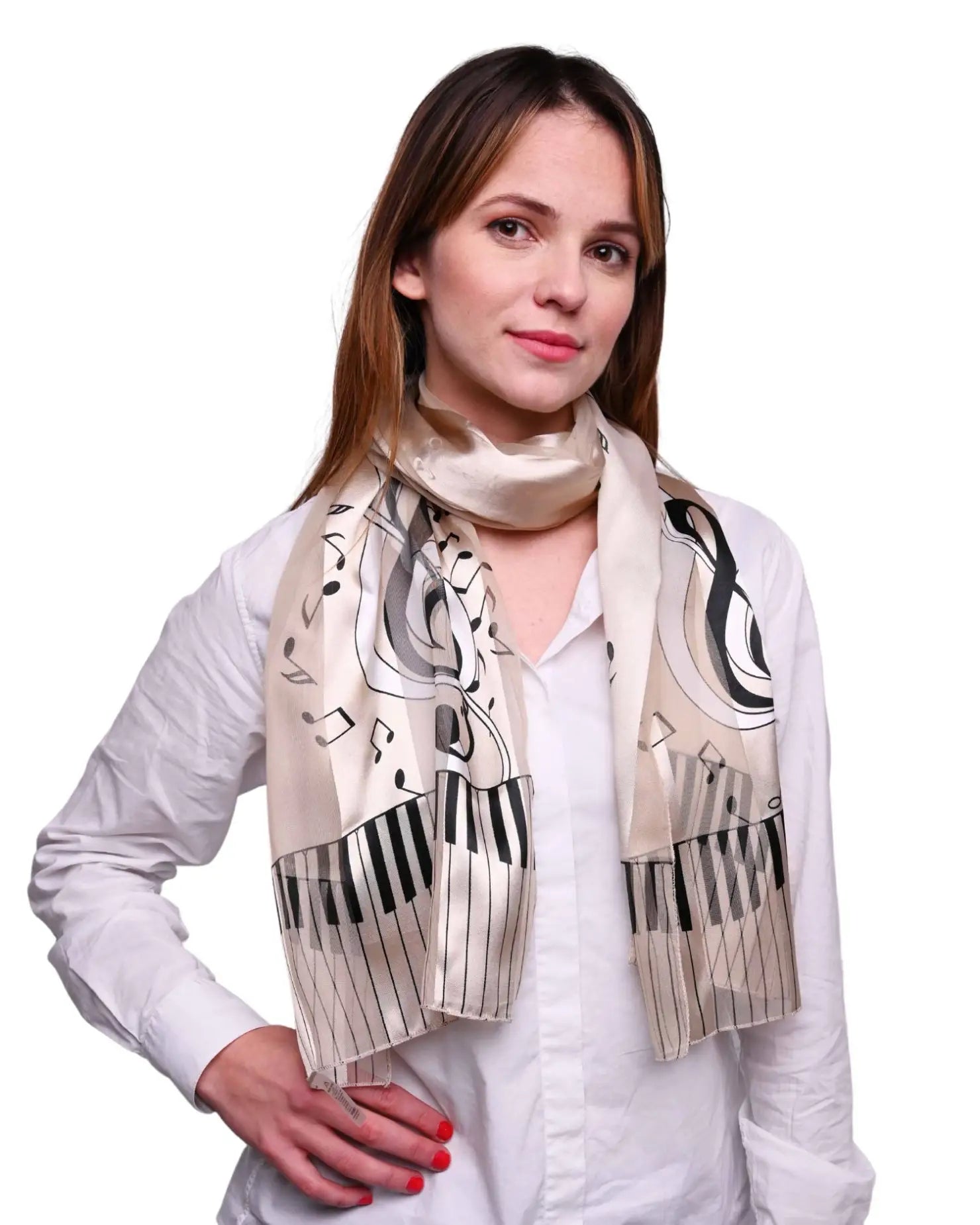 Unisex satin stripe scarf with piano clef note design worn by a woman