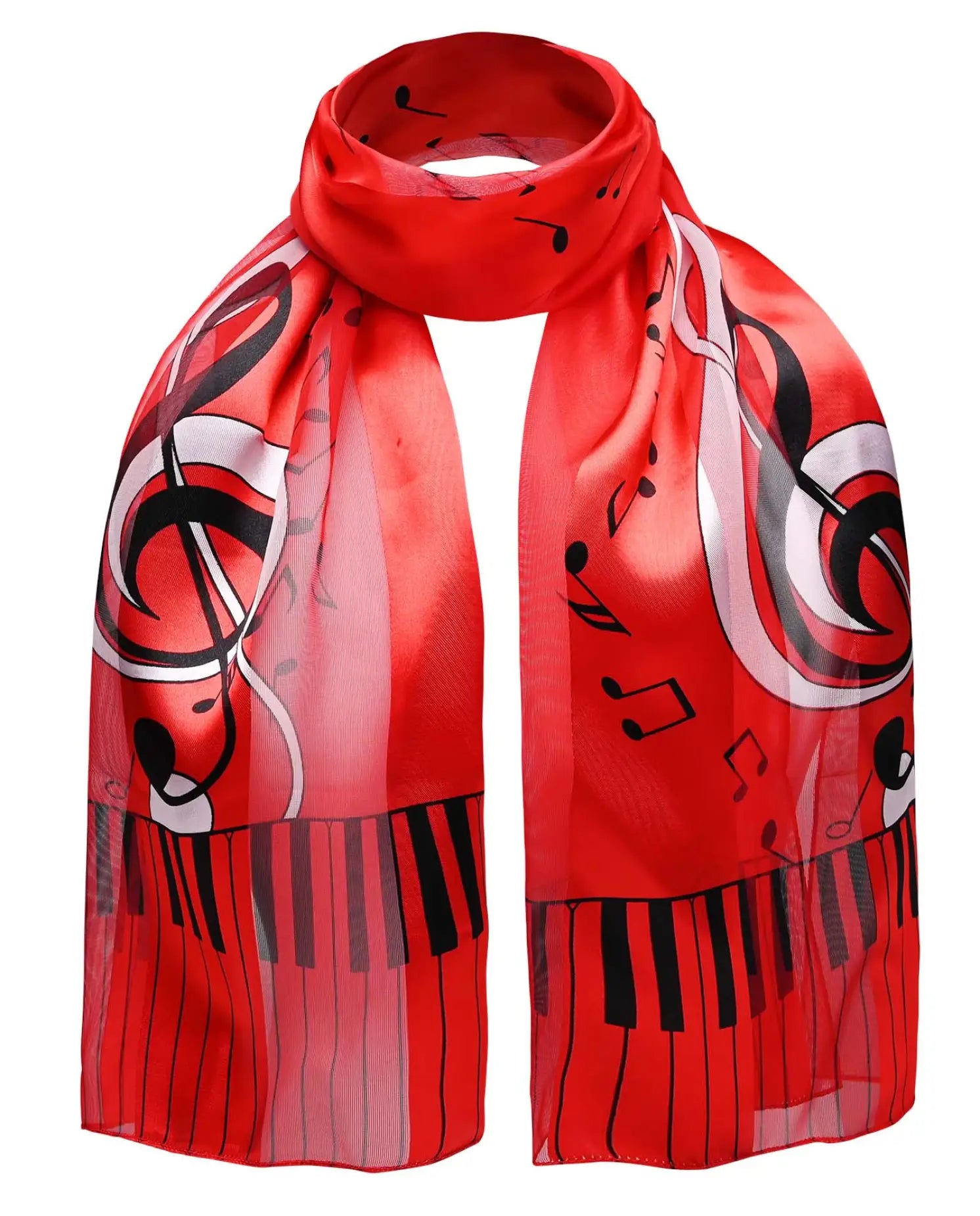Red satin stripe scarf with piano clef note design
