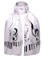 White satin stripe scarf with black and white piano clef note print.