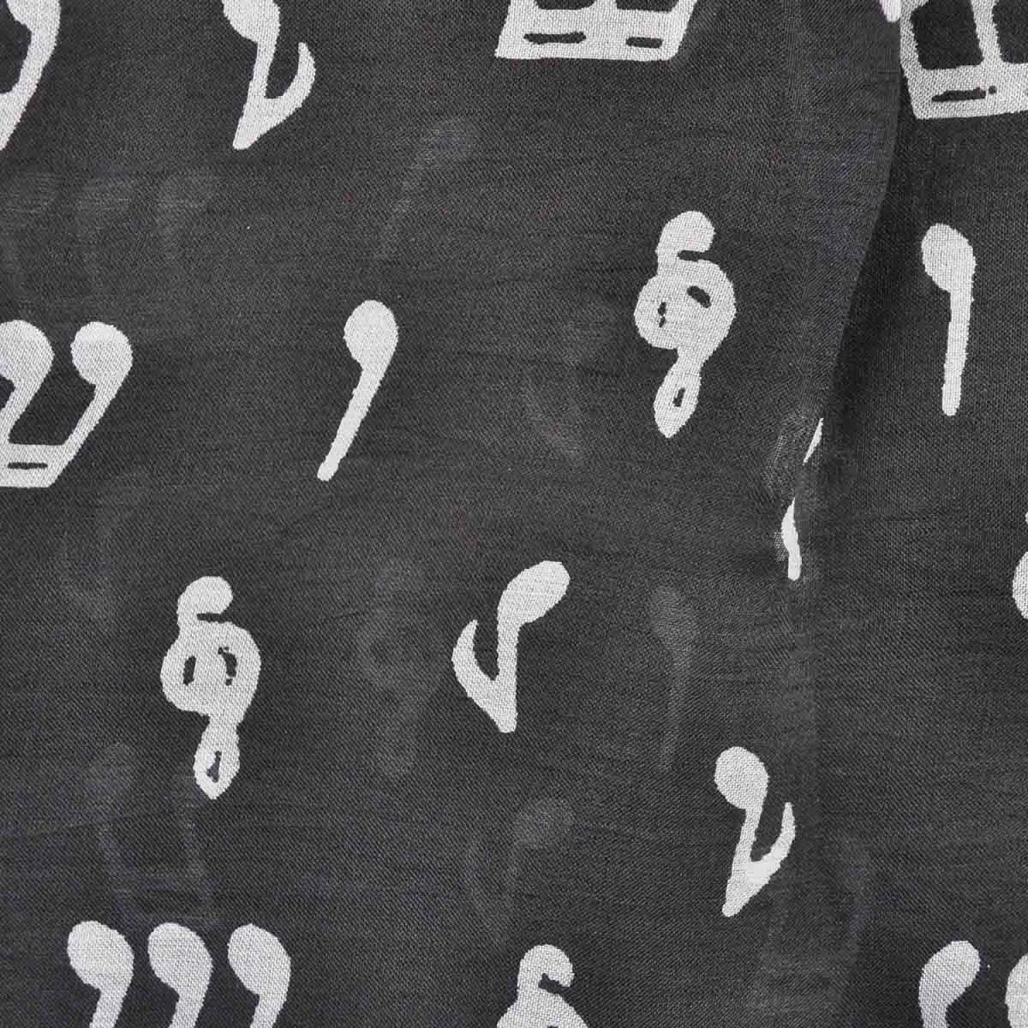 Black and white musical note pattern silk scarf with white letters