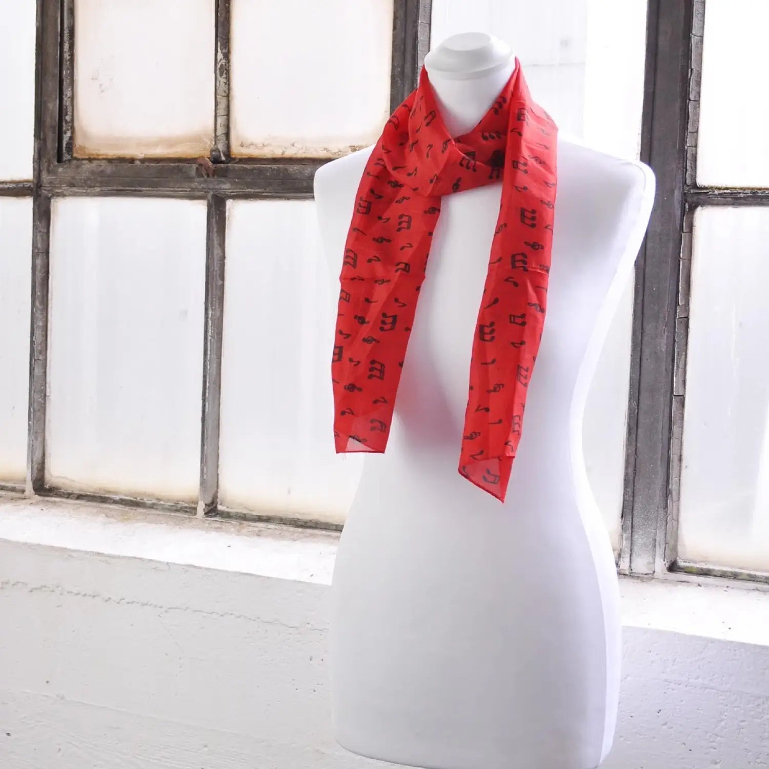 Red Pure Silk Scarf with Musical Note Print
