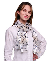 Woman wearing white shirt and scarf, Musical Note Satin Stripe Soft Scarf.