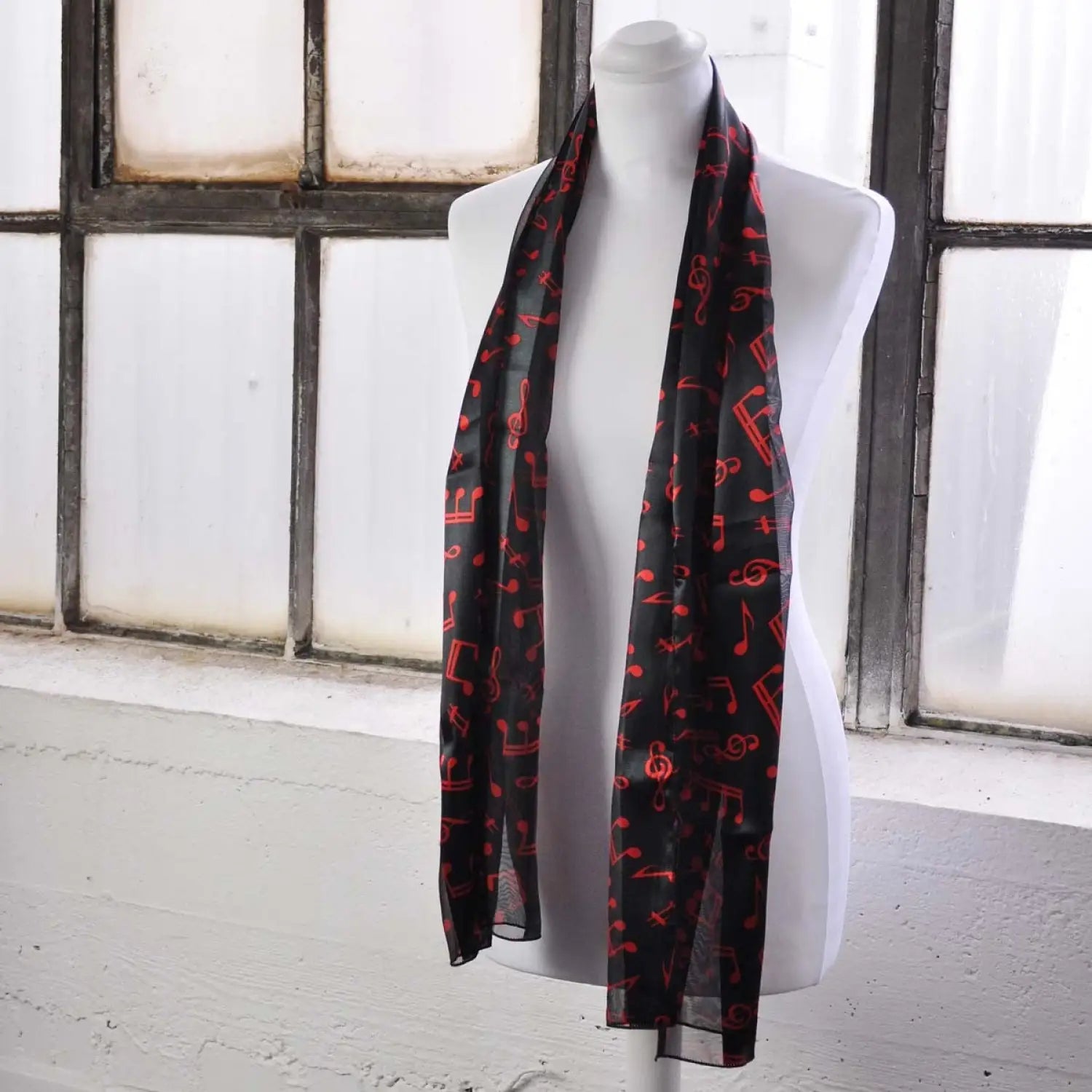 Black and red satin stripe scarf with musical note symbols