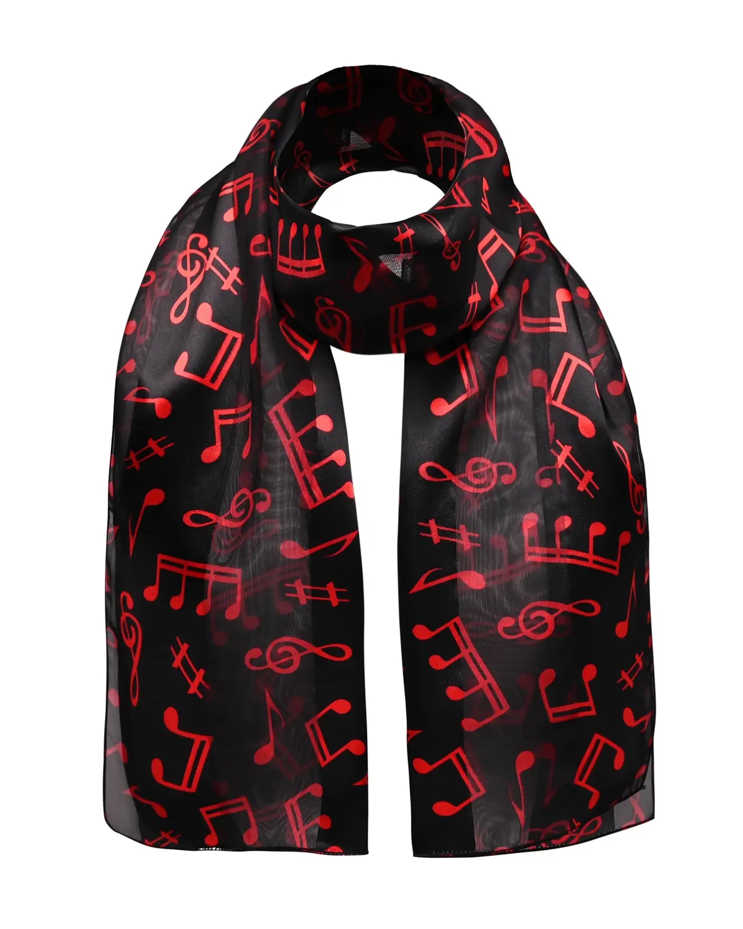 Black scarf with red musical notes on Musical Note Satin Stripe Soft Scarf.
