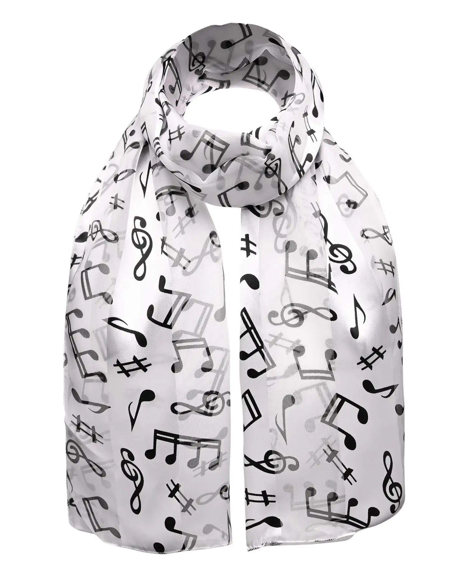 White satin stripe scarf with musical notes pattern