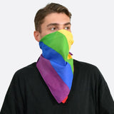Rainbow print neck gaiter displayed on man.