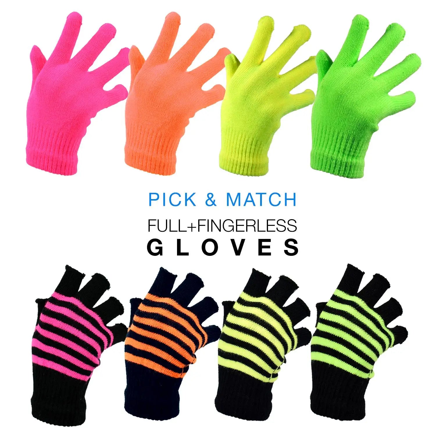 Neon 2-in-1 Full & Fingerless Magic Glove Pack - 8 Pairs, neon colored fingerless magic gloves pack