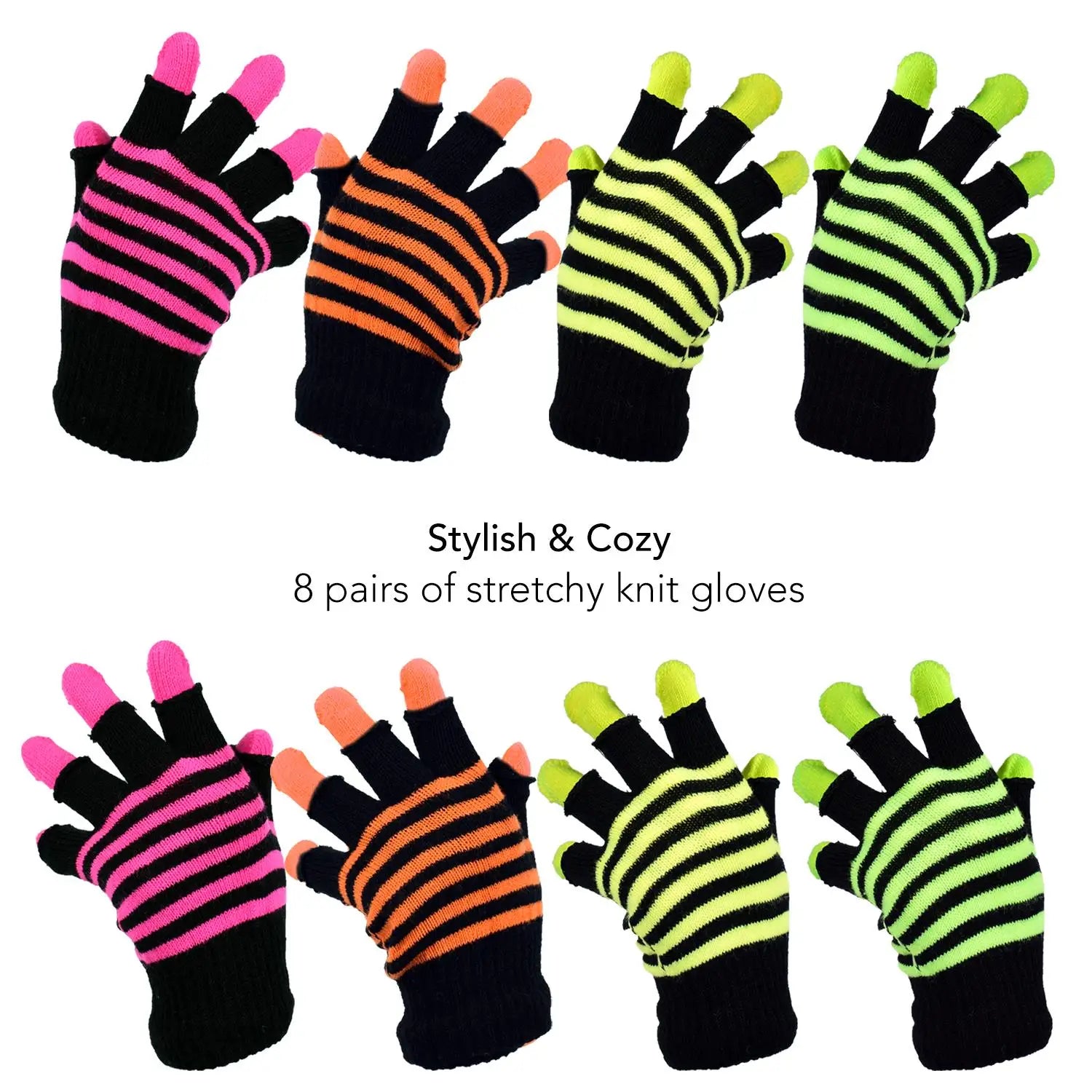 Neon 2-in-1 Fingerless Magic Glove Pack with Striped Knit Gloves
