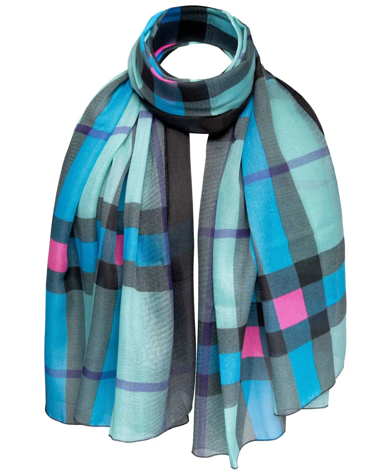Ombre tartan oversized scarf in blue and pink plaid pattern