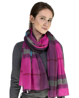 Ombre Tartan Oversized Scarf Shawl - Woman wearing pink & grey plaid scarf