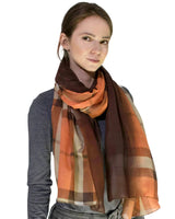 Ombre tartan oversized scarf shawl on woman with plaid pattern