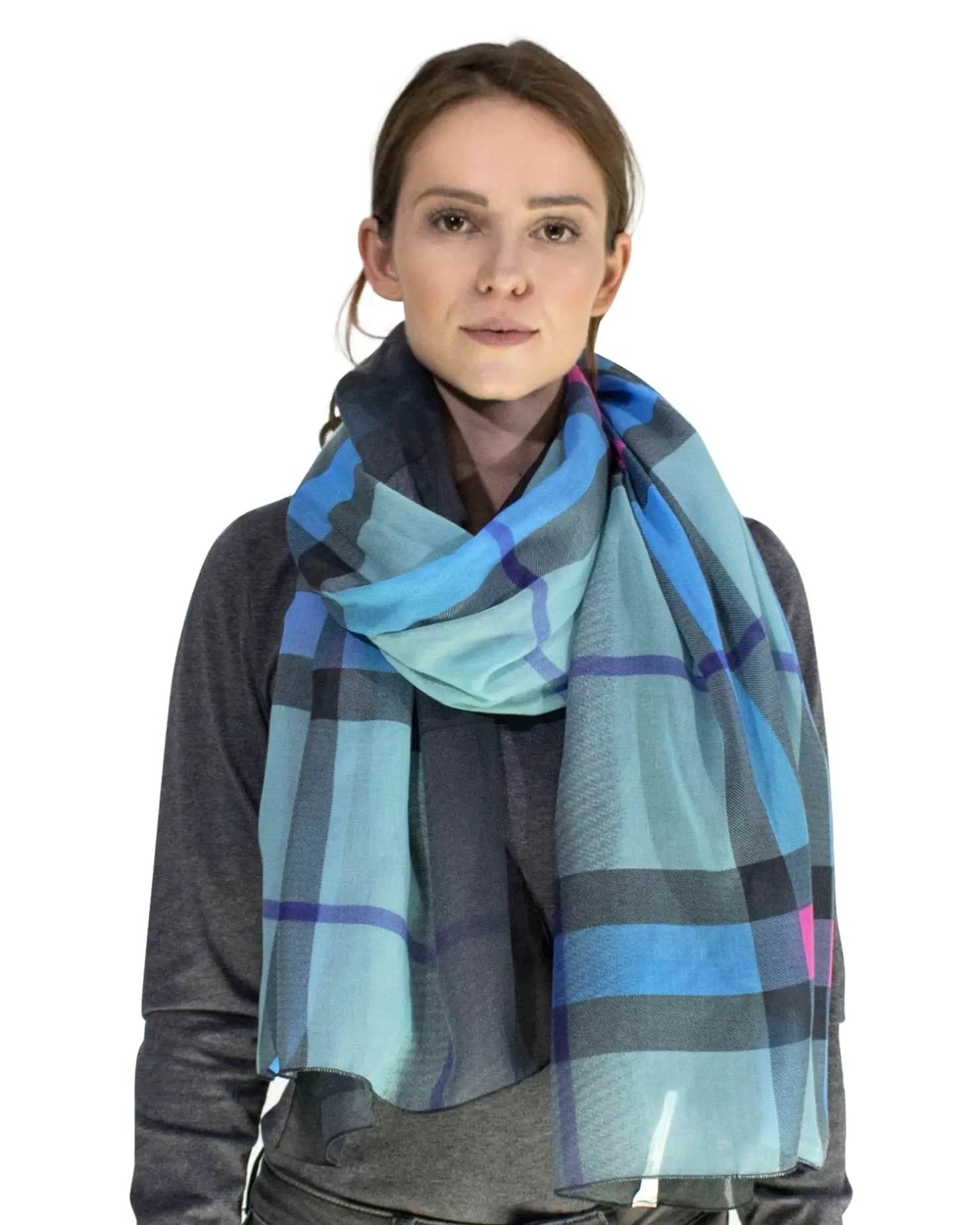 Ombre Tartan Oversized Scarf Shawl - Classic Style: Woman in blue and green plaid scarf