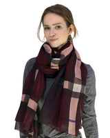 Ombre tartan oversized scarf on woman with plaid pattern