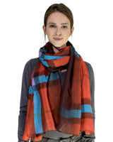 Ombre Tartan Oversized Scarf Shawl - Classic Style: Woman wearing red and blue scarf