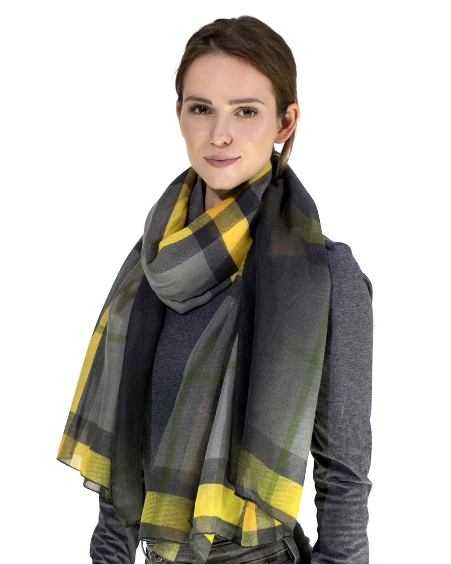 Woman wearing grey and yellow plaid scarf - Ombre Tartan Oversized Scarf