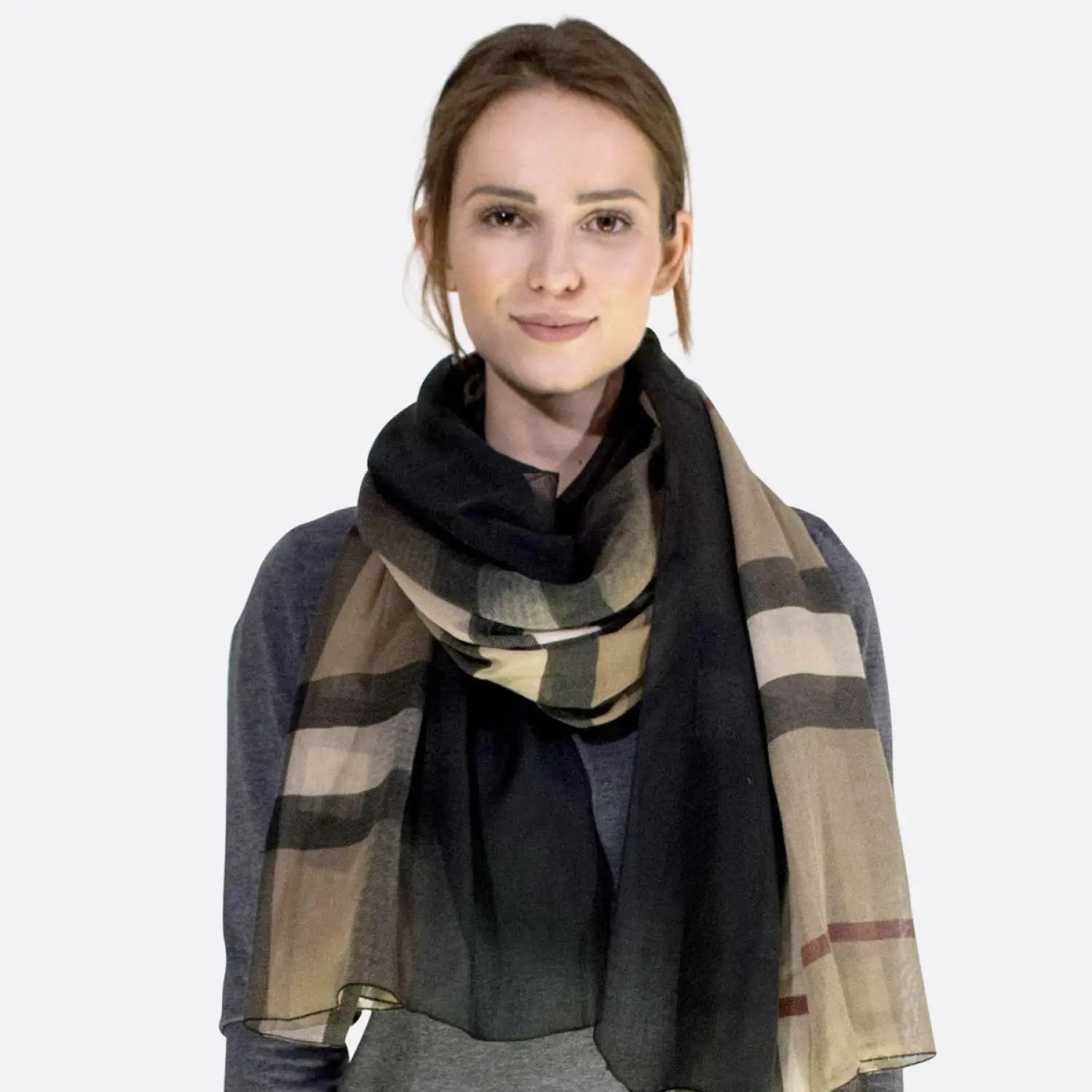 Ombre tartan oversized scarf featuring a woman in black and beige scarf
