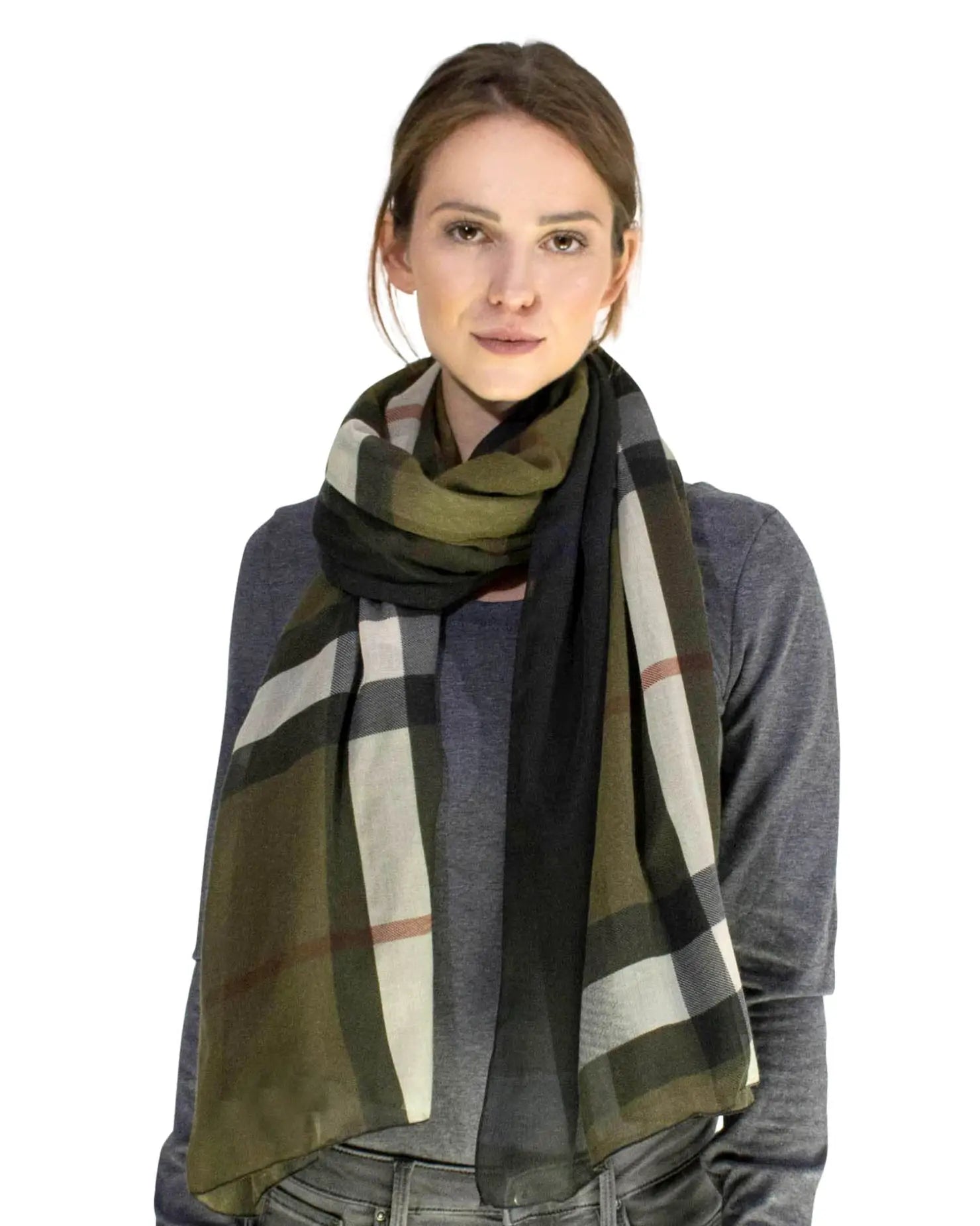 Ombre tartan oversized scarf shawl - woman in plaid patterned scarf