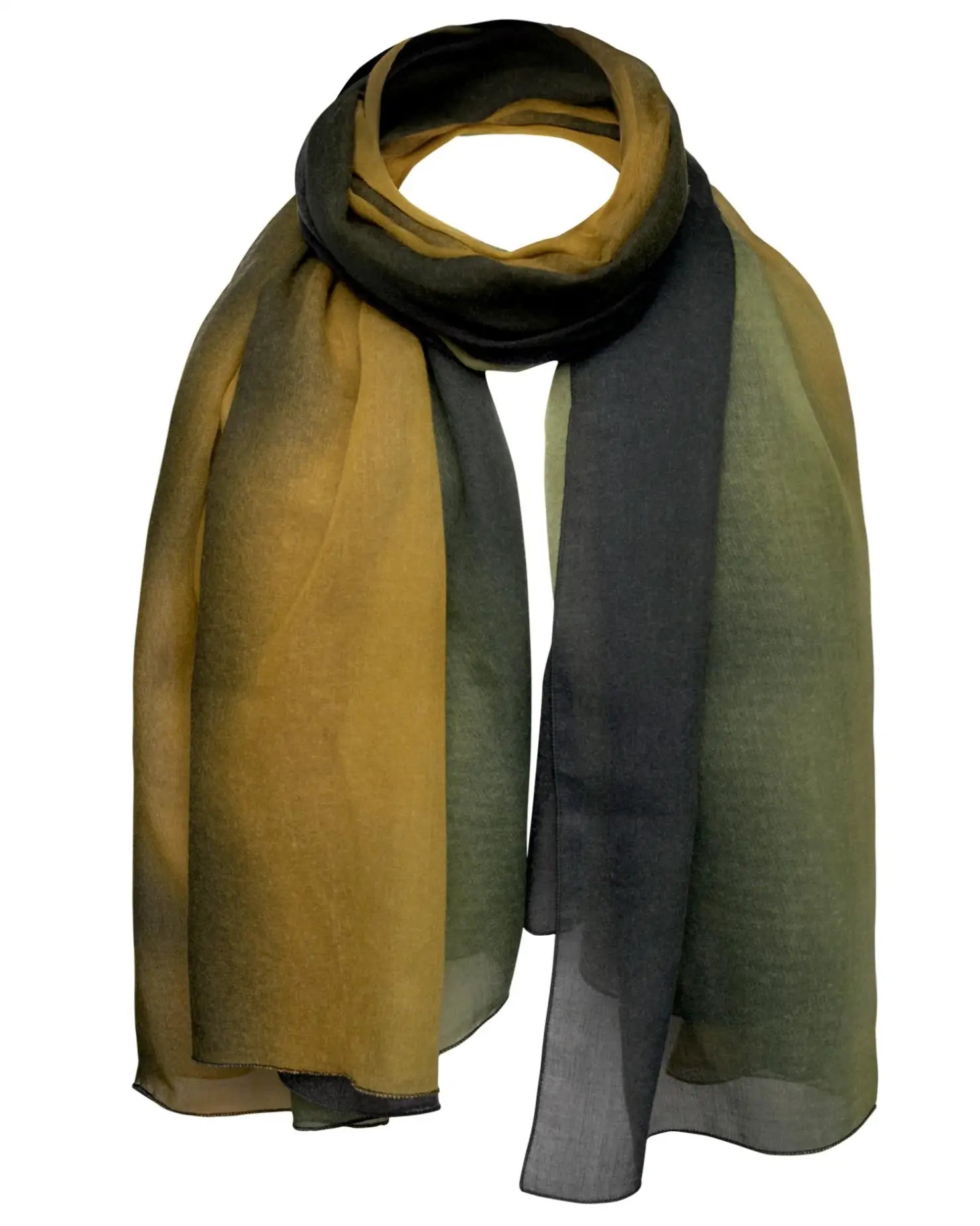 Green and black ombre tie dye scarf displayed.