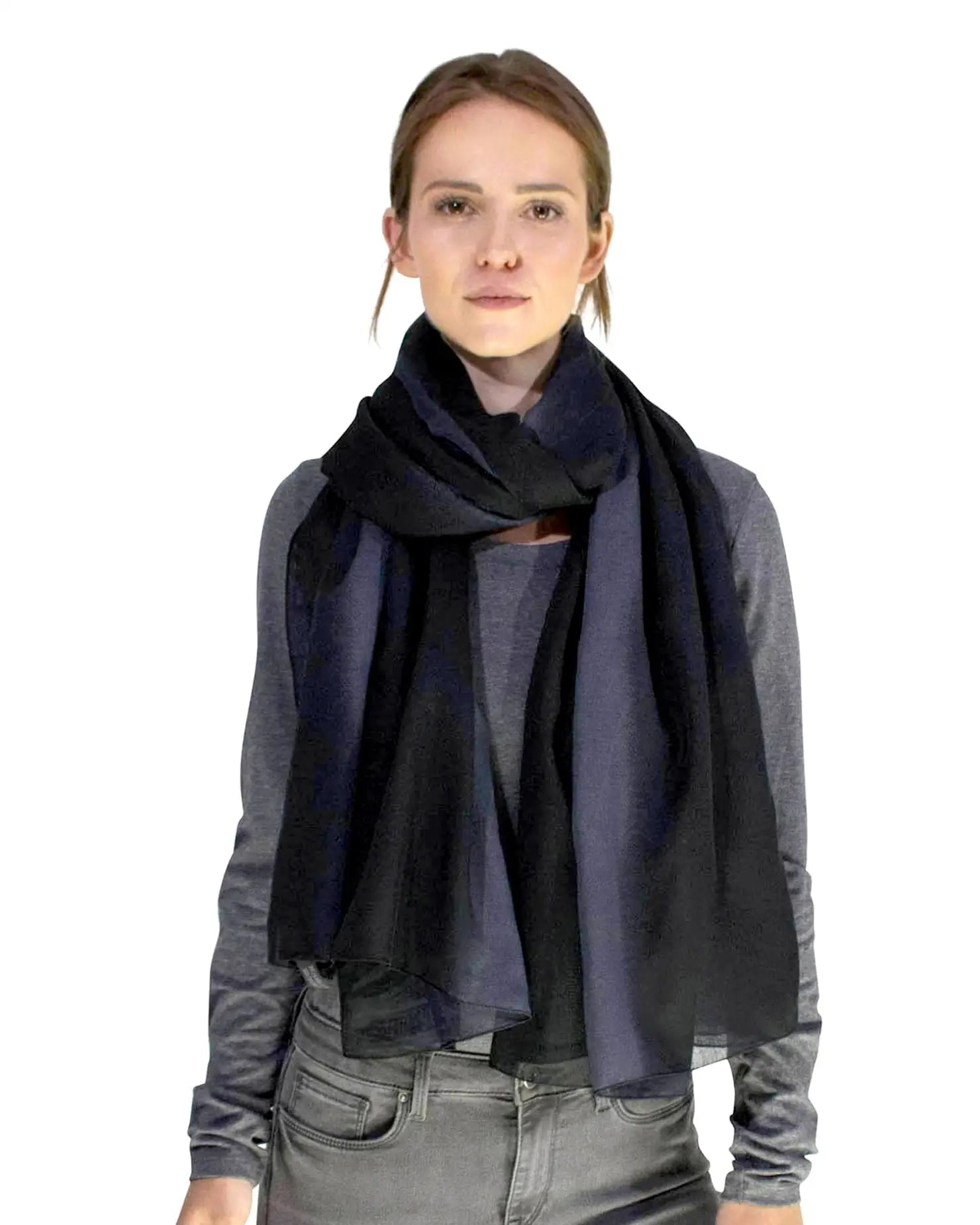 Woman wearing ombre tie dye black scarf