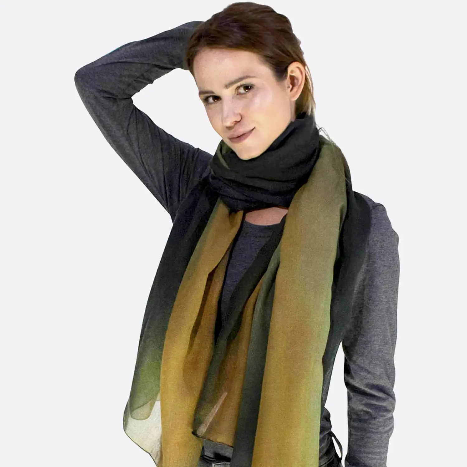 Green and yellow ombre tie dye scarf shawl on woman