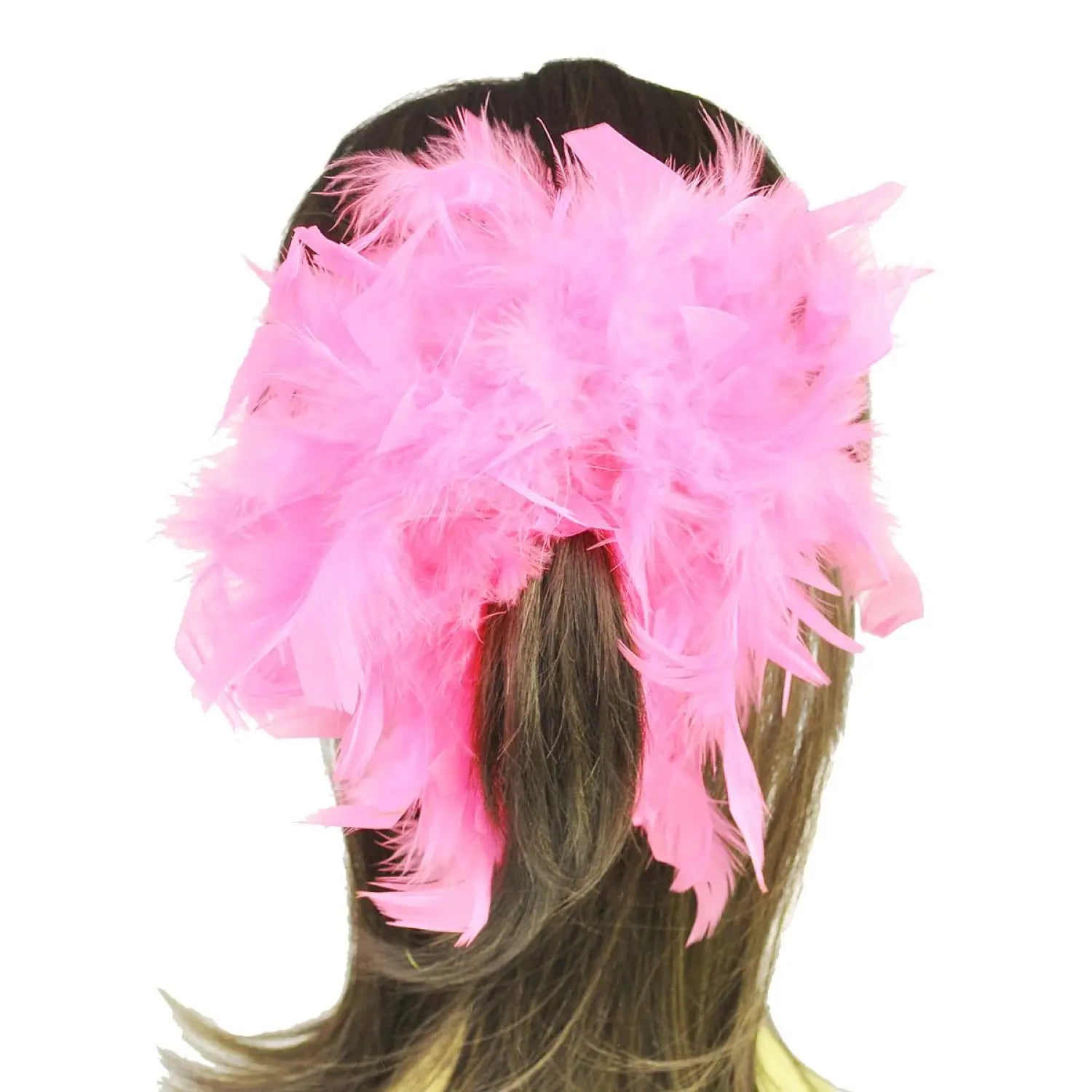 Oversized Feather Hair Scrunchie: Woman with long hair in pink feather headband