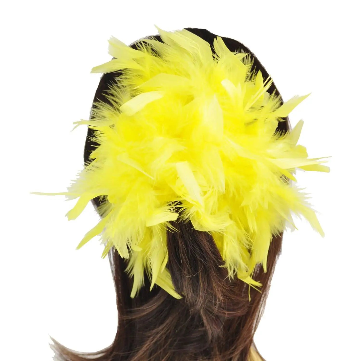 Woman wearing yellow feather headband, Oversized Feather Hair Scrunchie: Bright, Colourful, Unique
