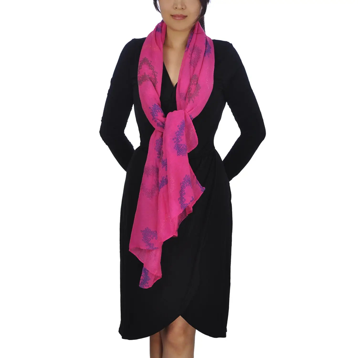 Oversized Lightweight Scarf with Heart Print in Neon Colours worn by woman