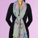 Oversized Lightweight Scarf with Heart Print & Neon Colours - Woman wearing grey floral scarf