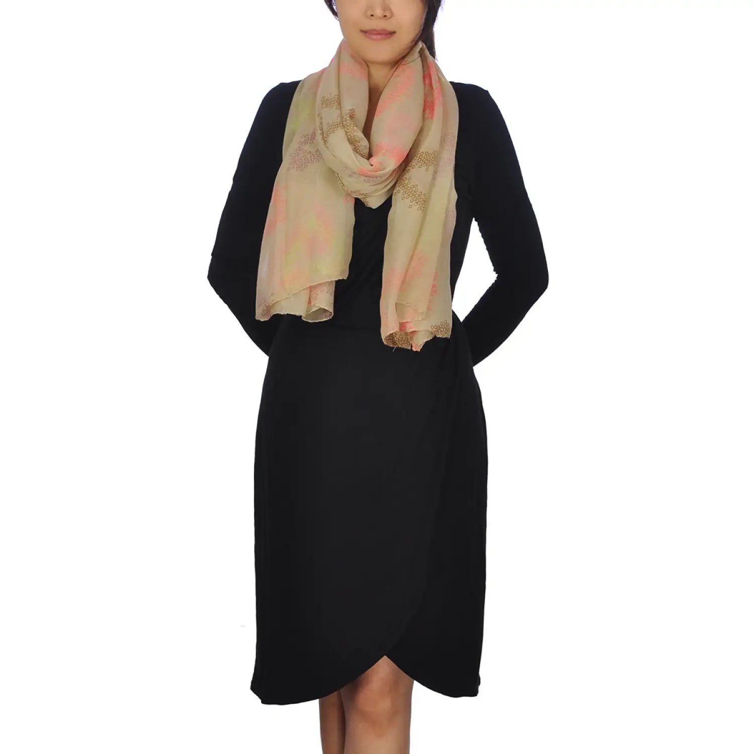 Woman in black dress & beige scarf modeling Oversized Lightweight Scarf with Heart Print & Neon Colours