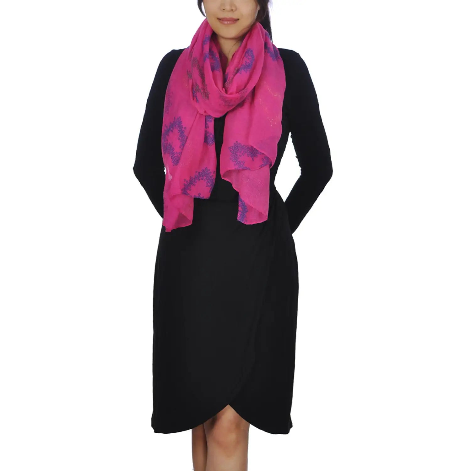 Stylish woman wearing oversized lightweight scarf with heart print & neon colors