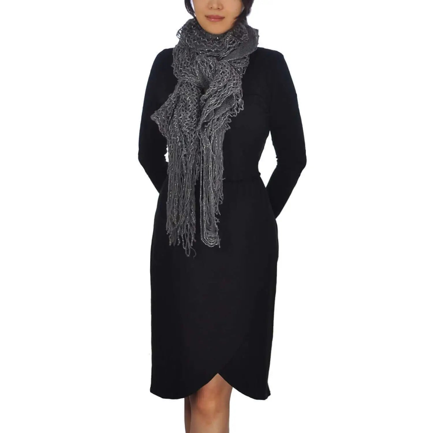 Knitted scarf with lurex detailing worn by woman