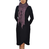 Woman in black dress wearing Oversized Netted Lurex Knitted Scarf with purple scarf