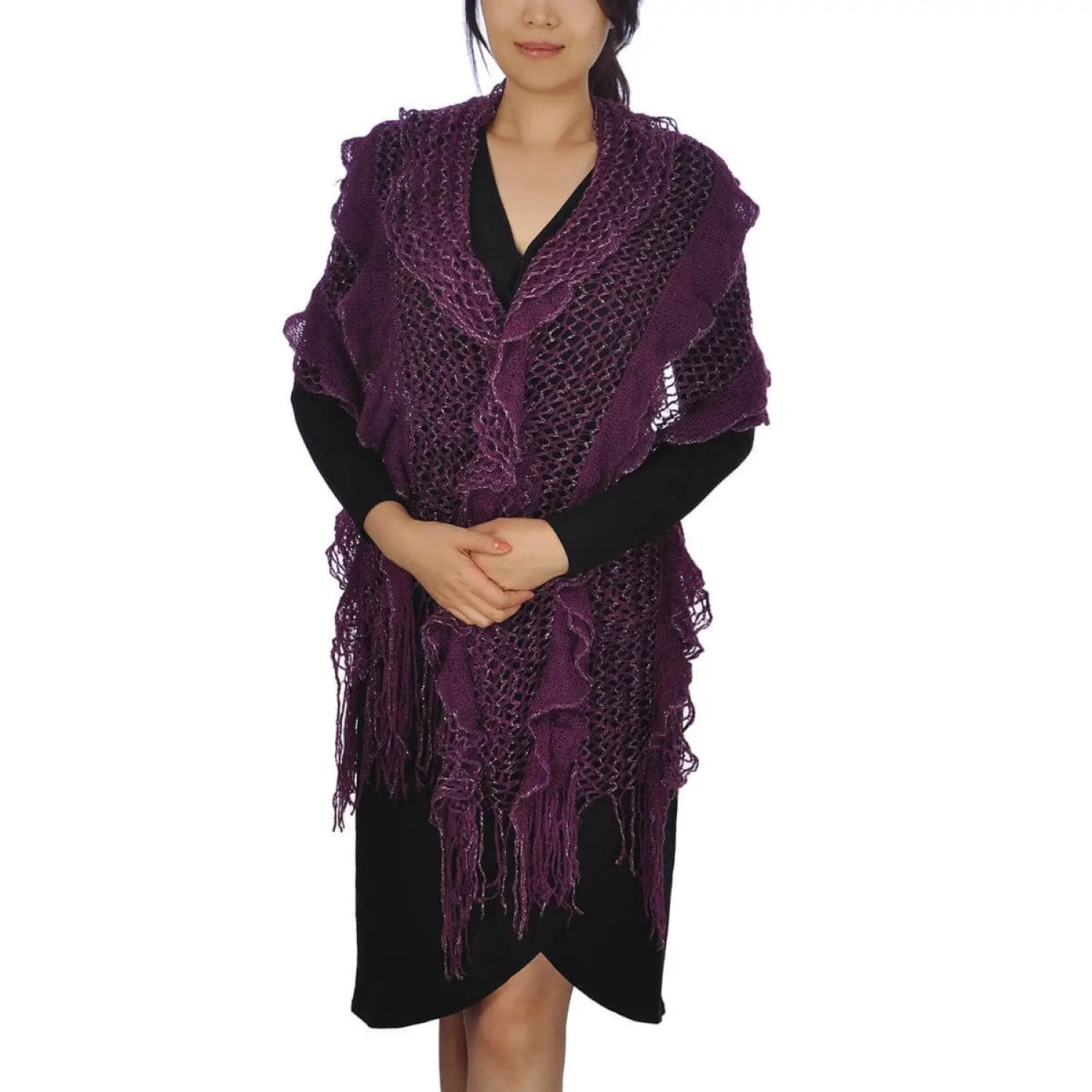 Woman wearing purple shawl - Oversized Netted Lurex Knitted Scarf