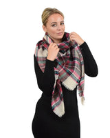 Oversized Tartan Check Winter Blanket Poncho with woman wearing pink and white plaid scarf