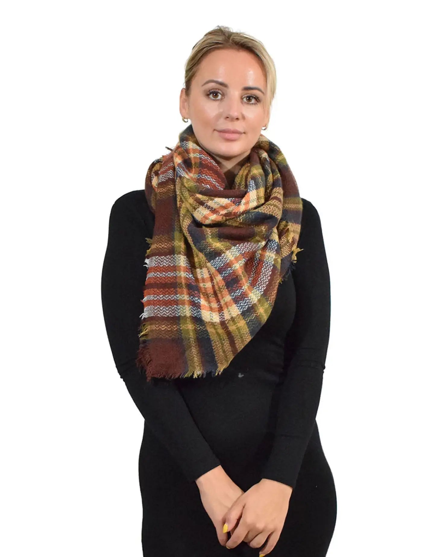 Woman wearing brown and yellow plaid scarf modeled on Oversized Tartan Check Winter Blanket Poncho