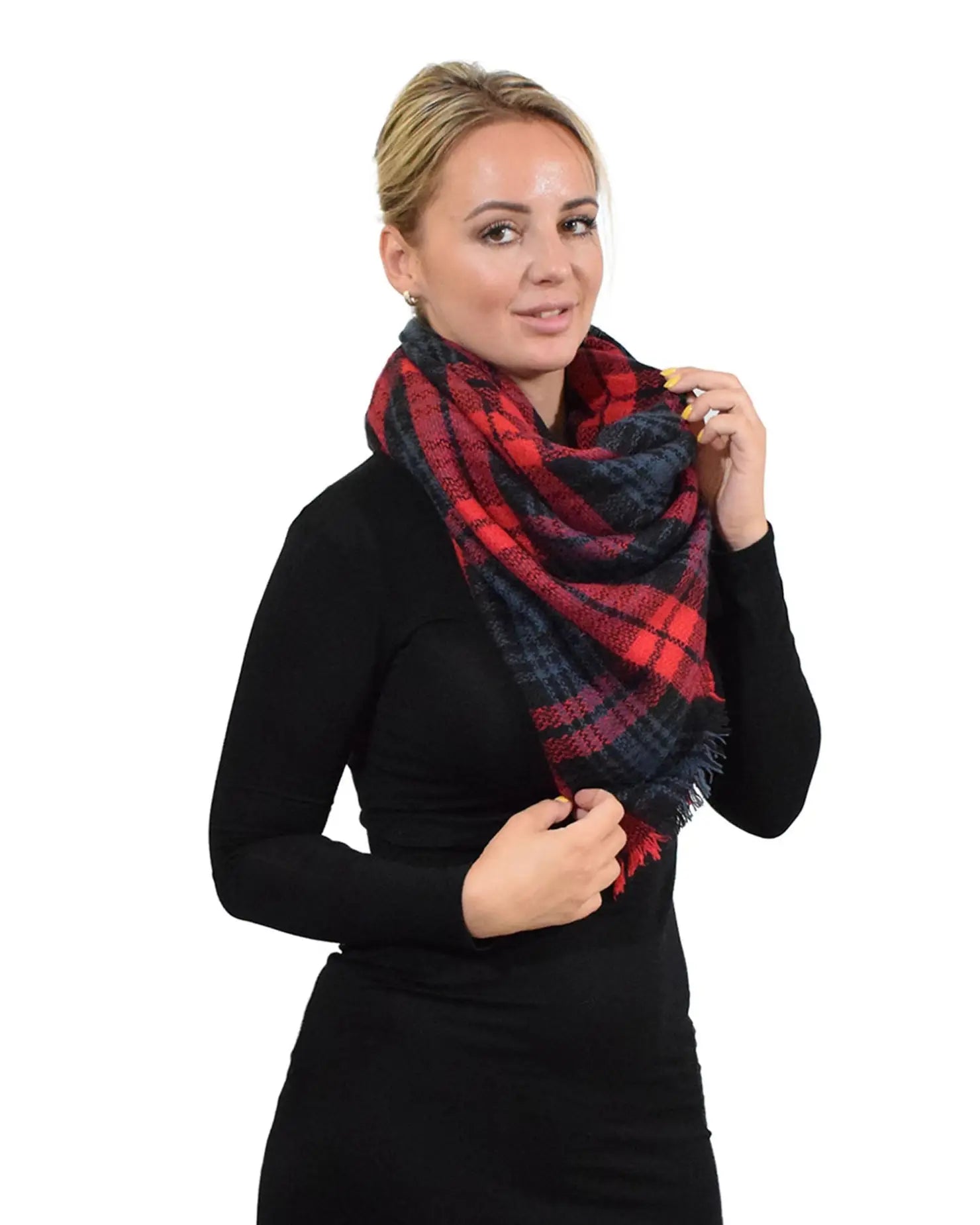 Oversized Tartan Check Winter Blanket Poncho on woman wearing red and black plaid scarf