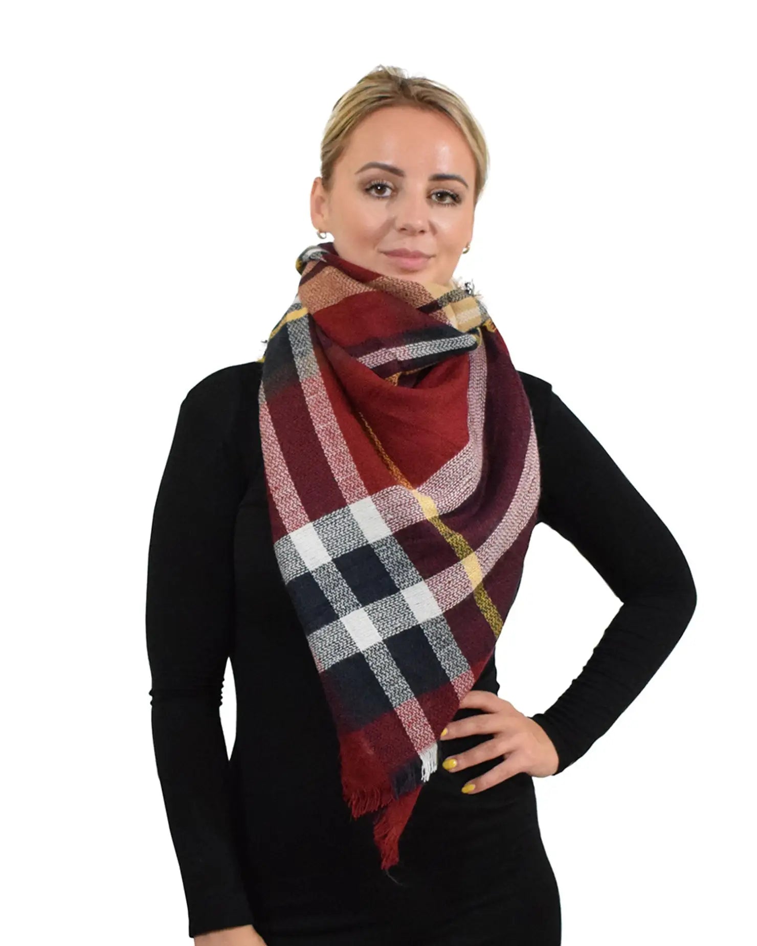 Oversized Tartan Check Winter Blanket Poncho - Woman wearing burgundy and white plaid scarf