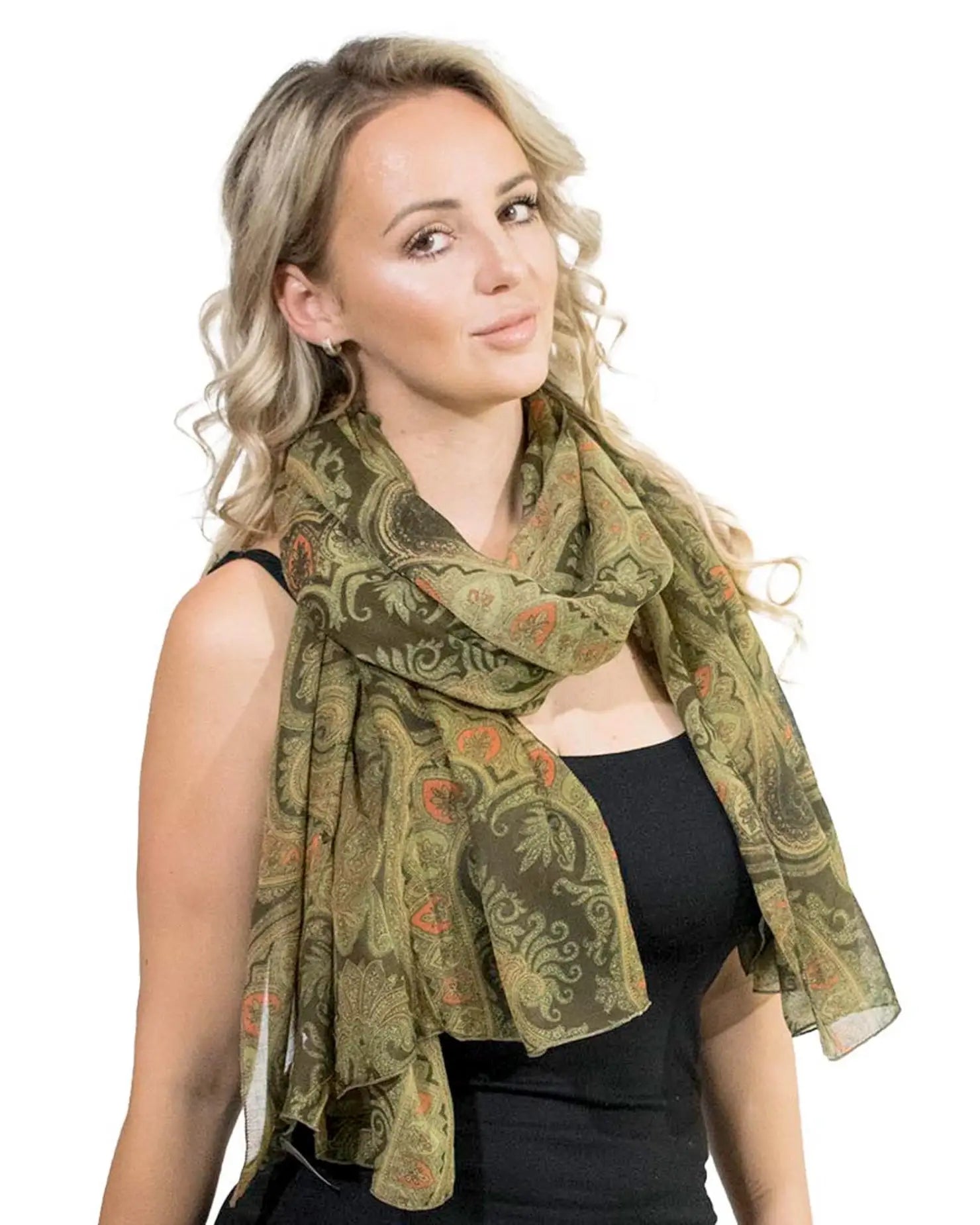 Woman wearing green Paisley Floral Maxi Oversized Korean Scarf.
