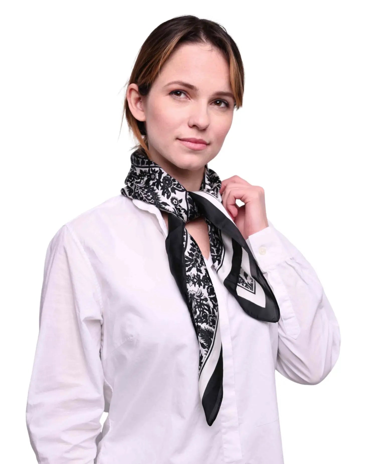 Paisley satin square scarf styled as a head wrap, worn by woman in white shirt and black scarf