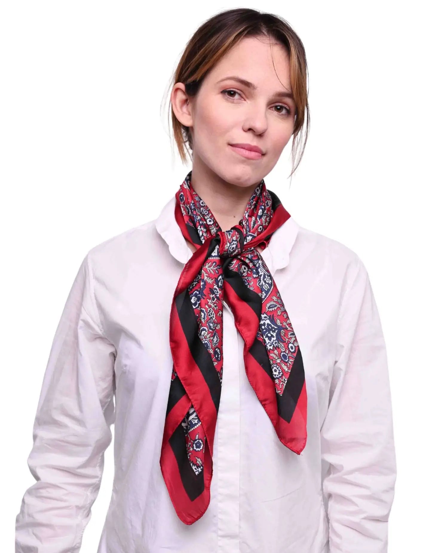 Paisley Satin Square Scarf Head Wrap - Woman in Red and Black Scarf