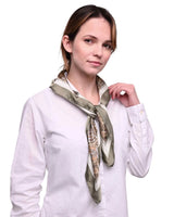 Paisley satin square scarf in green worn by woman