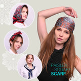 Woman wearing paisley satin square scarf head wrap