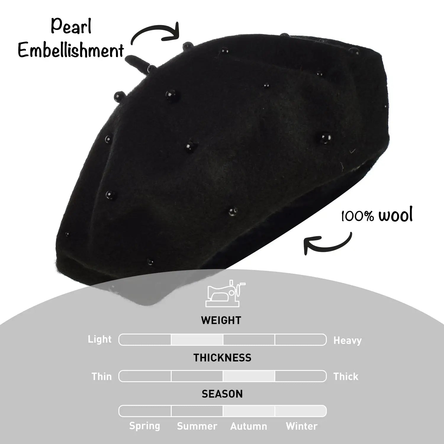 Parisian Classic Beret with Imitation Pearl Embellishment in Diagram on White Background